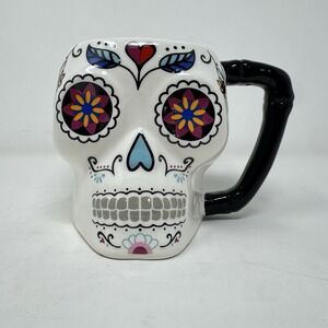 VTG Colorful Ceramic Sugar Skull Mug White‎ Bone Handle Day of the Dead 4" 16oz